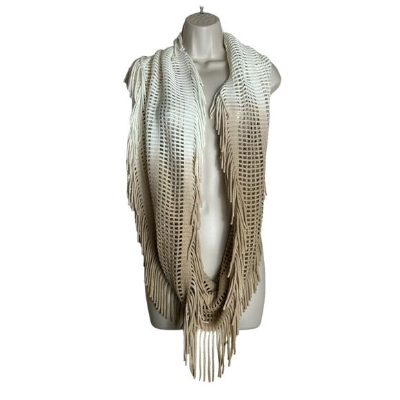 Beige and White Infinity Scarf Fringe Womens Ombre NWOT - Picture 2 of 6